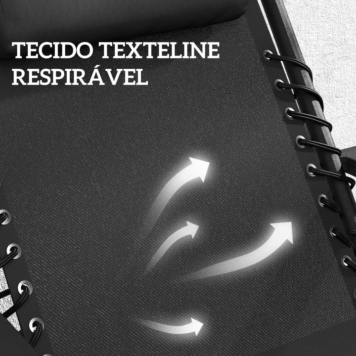 Conjunto de 2 Espreguiçadeiras Jardim Exterior Dobráveis com Mesa Auxiliar Suportes para Copos Espreguiçadeiras de Gravidade Zero com Encosto Ajustável Apoios de Braços Removíveis para Pátio Piscina Terraço Exterior Preto