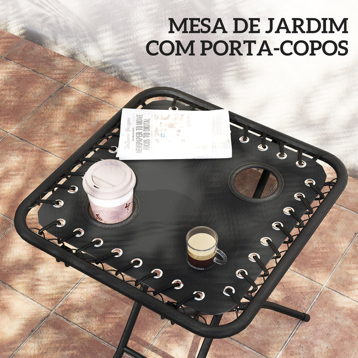 Conjunto de 2 Espreguiçadeiras Jardim Exterior Dobráveis com Mesa Auxiliar Suportes para Copos Espreguiçadeiras de Gravidade Zero com Encosto Ajustável Apoios de Braços Removíveis para Pátio Piscina Terraço Exterior Preto