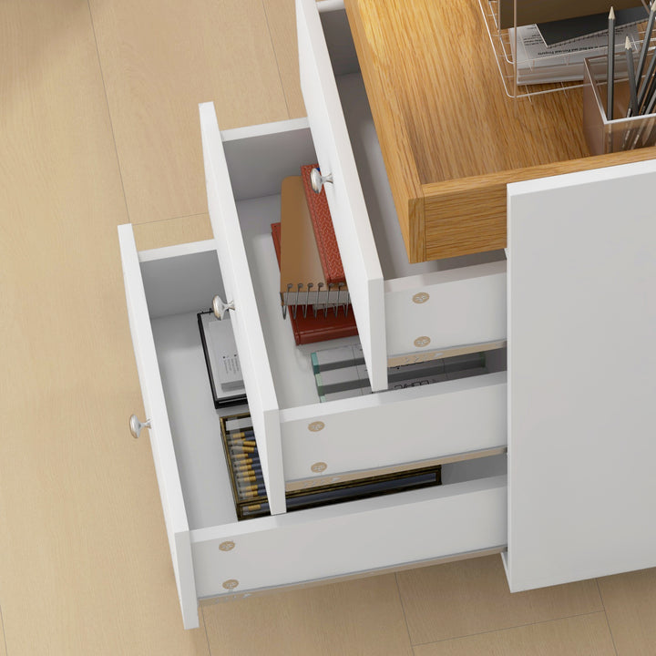 Bloco de Gavetas para Escritório Móvel Arquivador com 4 Rodas 3 Gavetas e 1 Bandeja Amovível Carga 30 kg 43x40x66,5 cm Branco e Natural