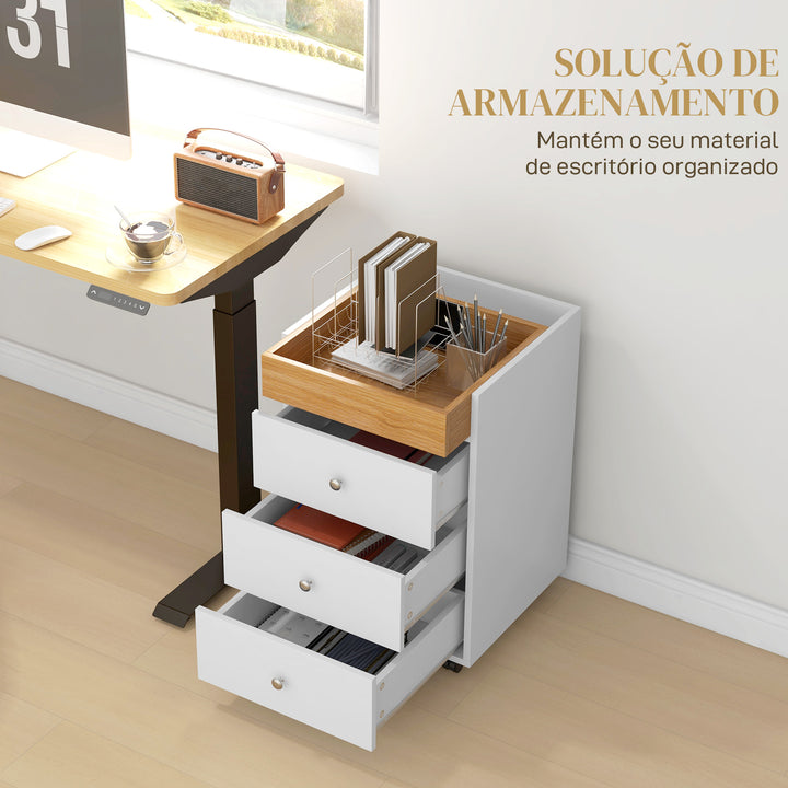 Bloco de Gavetas para Escritório Móvel Arquivador com 4 Rodas 3 Gavetas e 1 Bandeja Amovível Carga 30 kg 43x40x66,5 cm Branco e Natural