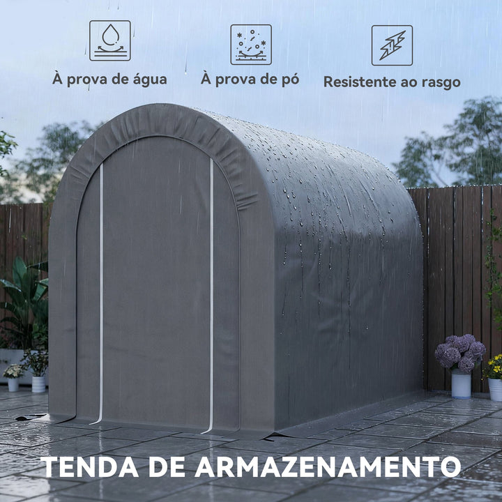 Tenda de Jardim Exterior para Ferramentas Bicicletas 2,4x1,6x1,9 m Abrigo Exterior com Estrutura em Aço Porta Enrolável com Fecho Impermeável Garagem Portátil Cinzento Claro