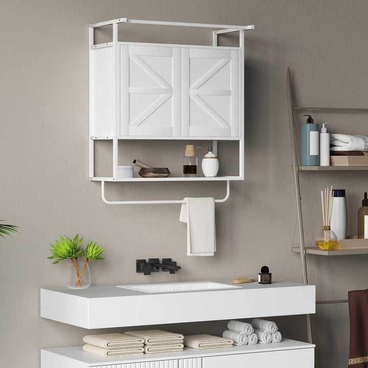 Armário de Parede para Casa de Banho Multiusos Móvel Suspenso de Armazenamento com 2 Portas Prateleira e Barra para Toalhas 63x34x75 cm Branco