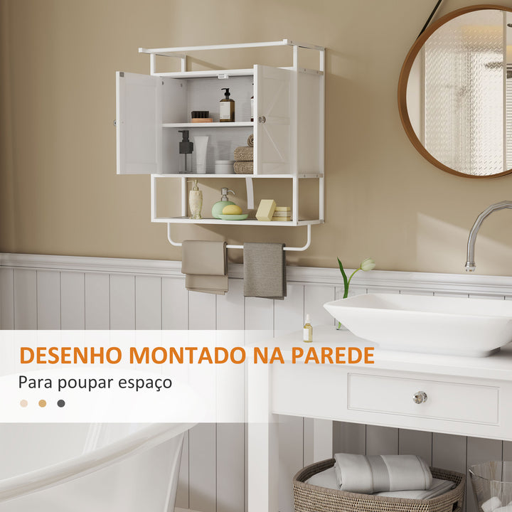 Armário de Parede para Casa de Banho Multiusos Móvel Suspenso de Armazenamento com 2 Portas Prateleira e Barra para Toalhas 63x34x75 cm Branco