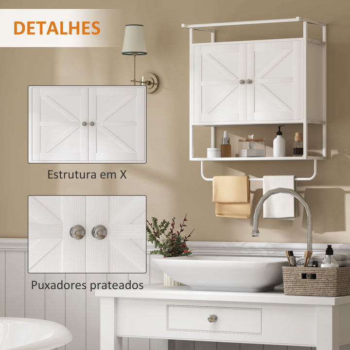 Armário de Parede para Casa de Banho Multiusos Móvel Suspenso de Armazenamento com 2 Portas Prateleira e Barra para Toalhas 63x34x75 cm Branco