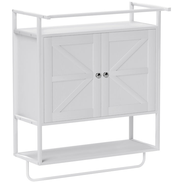 Armário de Parede para Casa de Banho Multiusos Móvel Suspenso de Armazenamento com 2 Portas Prateleira e Barra para Toalhas 63x34x75 cm Branco