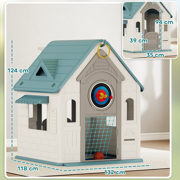 Casa Infantil Exterior e Interior 5 em 1 Casa de Jardim com Lançamento de Anéis Basquetebol Futebol Dardos Casa de Jogos para Crianças dos 2 aos 5 Anos 132x118x124 cm Bege
