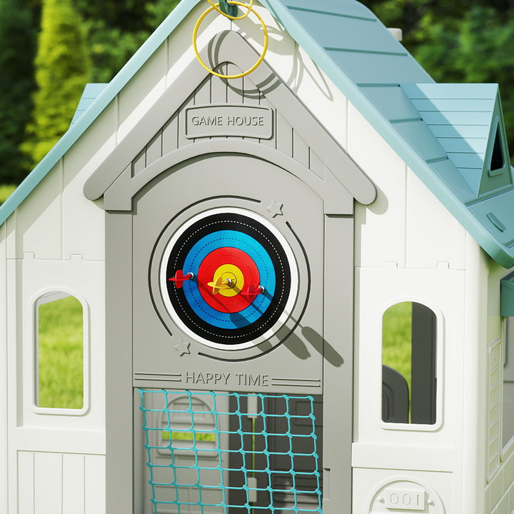 Casa Infantil Exterior e Interior 5 em 1 Casa de Jardim com Lançamento de Anéis Basquetebol Futebol Dardos Casa de Jogos para Crianças dos 2 aos 5 Anos 132x118x124 cm Bege
