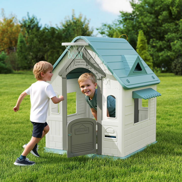 Casa Infantil Exterior e Interior 5 em 1 Casa de Jardim com Lançamento de Anéis Basquetebol Futebol Dardos Casa de Jogos para Crianças dos 2 aos 5 Anos 132x118x124 cm Bege
