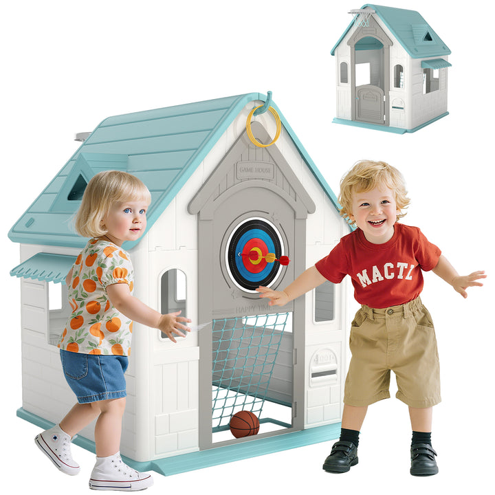 Casa Infantil Exterior e Interior 5 em 1 Casa de Jardim com Lançamento de Anéis Basquetebol Futebol Dardos Casa de Jogos para Crianças dos 2 aos 5 Anos 132x118x124 cm Bege