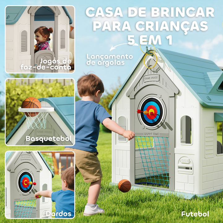 Casa Infantil Exterior e Interior 5 em 1 Casa de Jardim com Lançamento de Anéis Basquetebol Futebol Dardos Casa de Jogos para Crianças dos 2 aos 5 Anos 132x118x124 cm Bege