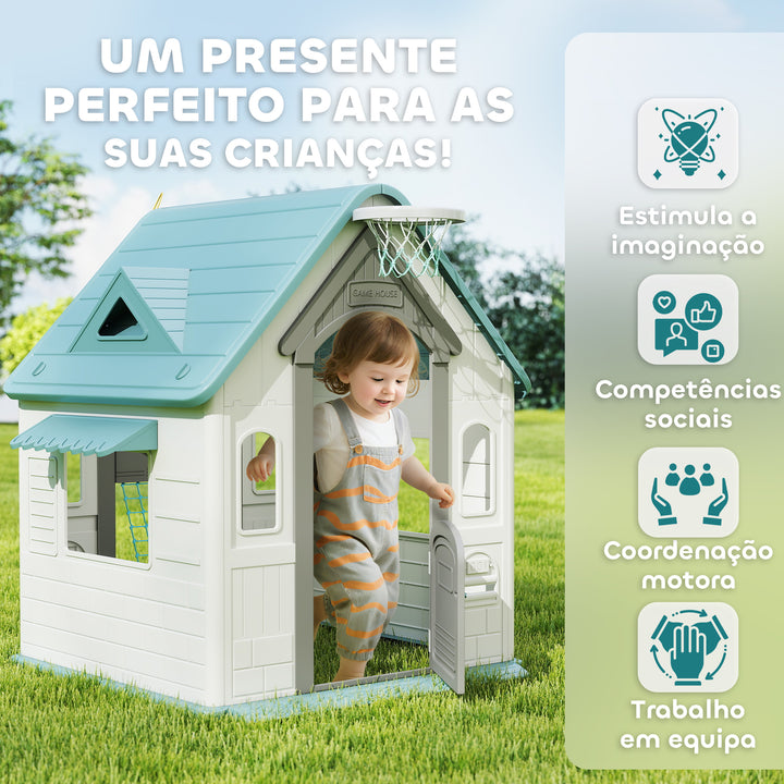 Casa Infantil Exterior e Interior 5 em 1 Casa de Jardim com Lançamento de Anéis Basquetebol Futebol Dardos Casa de Jogos para Crianças dos 2 aos 5 Anos 132x118x124 cm Bege