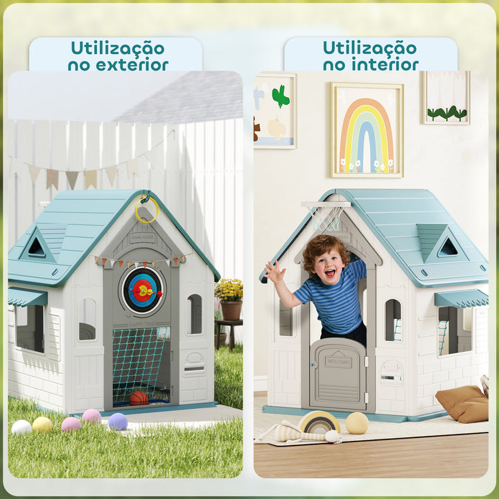 Casa Infantil Exterior e Interior 5 em 1 Casa de Jardim com Lançamento de Anéis Basquetebol Futebol Dardos Casa de Jogos para Crianças dos 2 aos 5 Anos 132x118x124 cm Bege