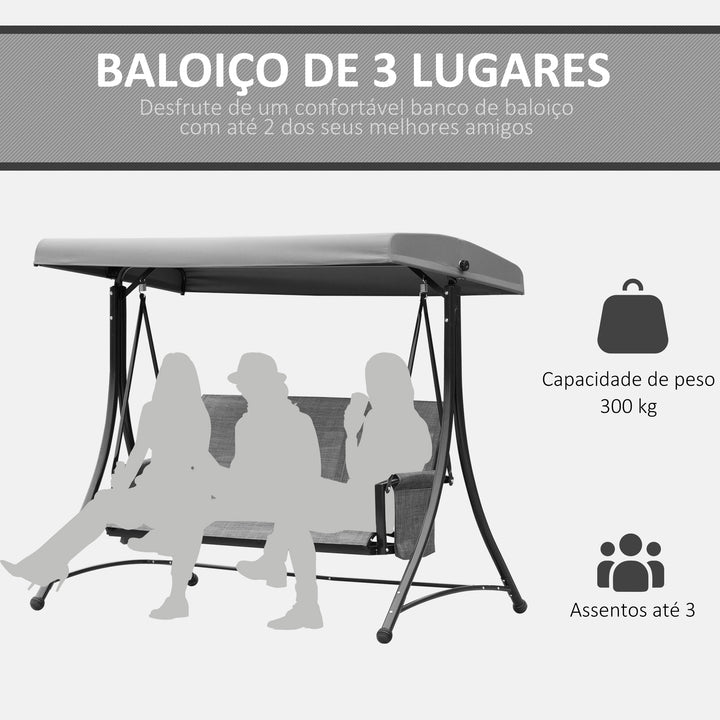 Baloiço de 3 Lugares para Jardim ou Varanda com Toldo Ajustável e Bolsos Laterais 196x128x172 cm Cinzento Escuro