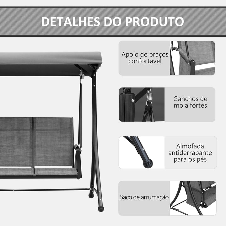 Baloiço de 3 Lugares para Jardim ou Varanda com Toldo Ajustável e Bolsos Laterais 196x128x172 cm Cinzento Escuro