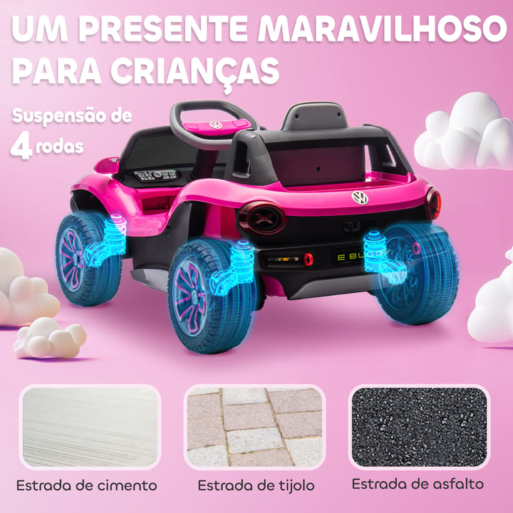 Carro Elétrico para Crianças acima de 3 Anos Volkswagen E-Buggy Bateria 12V com Controlo Remoto 2,4 G Rodas com Suspensão Faróis LED Música USB e Motor Duplo 98x56,5x47 cm Rosa
