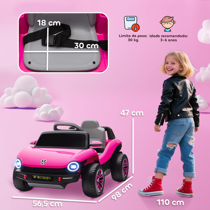 Carro Elétrico para Crianças acima de 3 Anos Volkswagen E-Buggy Bateria 12V com Controlo Remoto 2,4 G Rodas com Suspensão Faróis LED Música USB e Motor Duplo 98x56,5x47 cm Rosa