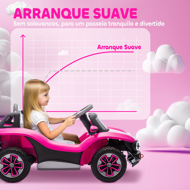 Carro Elétrico para Crianças acima de 3 Anos Volkswagen E-Buggy Bateria 12V com Controlo Remoto 2,4 G Rodas com Suspensão Faróis LED Música USB e Motor Duplo 98x56,5x47 cm Rosa
