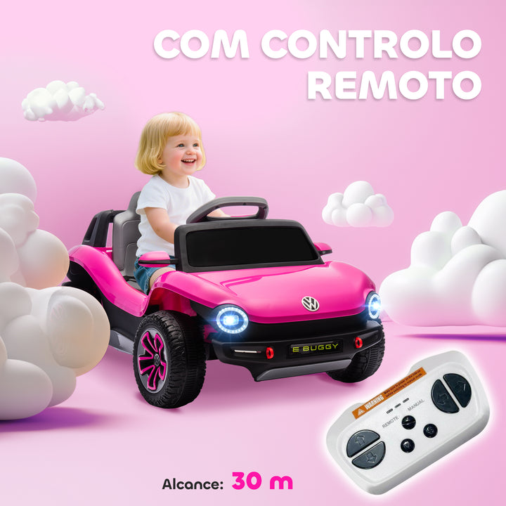 Carro Elétrico para Crianças acima de 3 Anos Volkswagen E-Buggy Bateria 12V com Controlo Remoto 2,4 G Rodas com Suspensão Faróis LED Música USB e Motor Duplo 98x56,5x47 cm Rosa