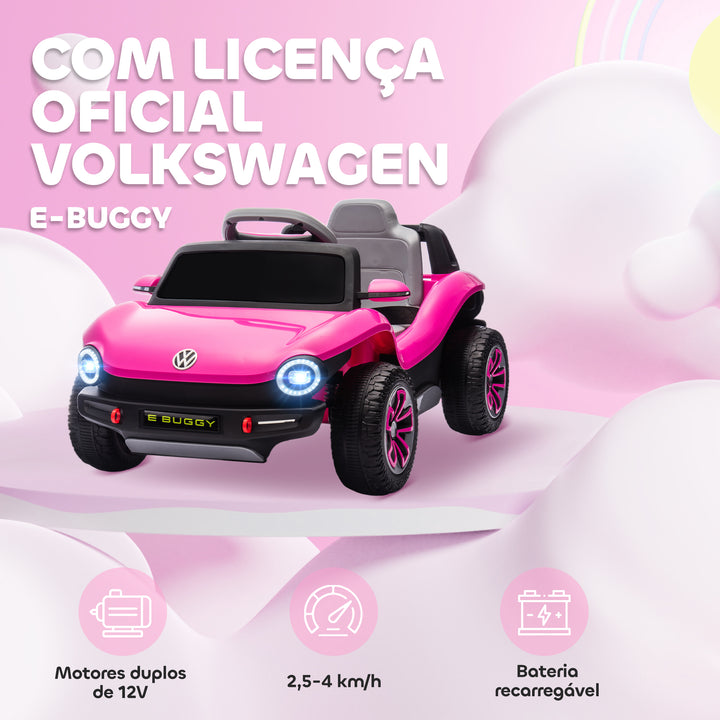 Carro Elétrico para Crianças acima de 3 Anos Volkswagen E-Buggy Bateria 12V com Controlo Remoto 2,4 G Rodas com Suspensão Faróis LED Música USB e Motor Duplo 98x56,5x47 cm Rosa