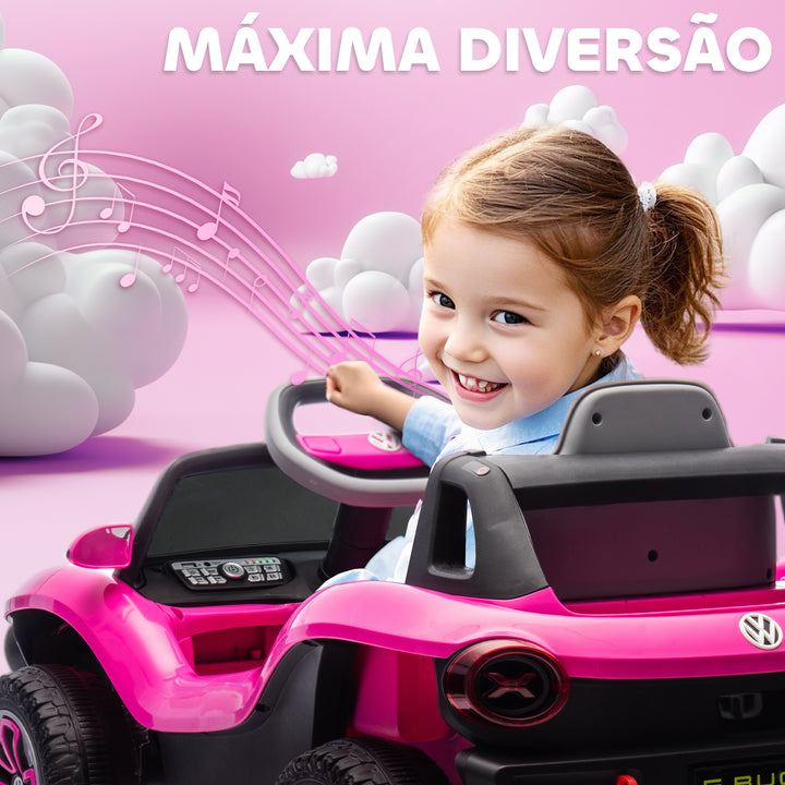 Carro Elétrico para Crianças acima de 3 Anos Volkswagen E-Buggy Bateria 12V com Controlo Remoto 2,4 G Rodas com Suspensão Faróis LED Música USB e Motor Duplo 98x56,5x47 cm Rosa
