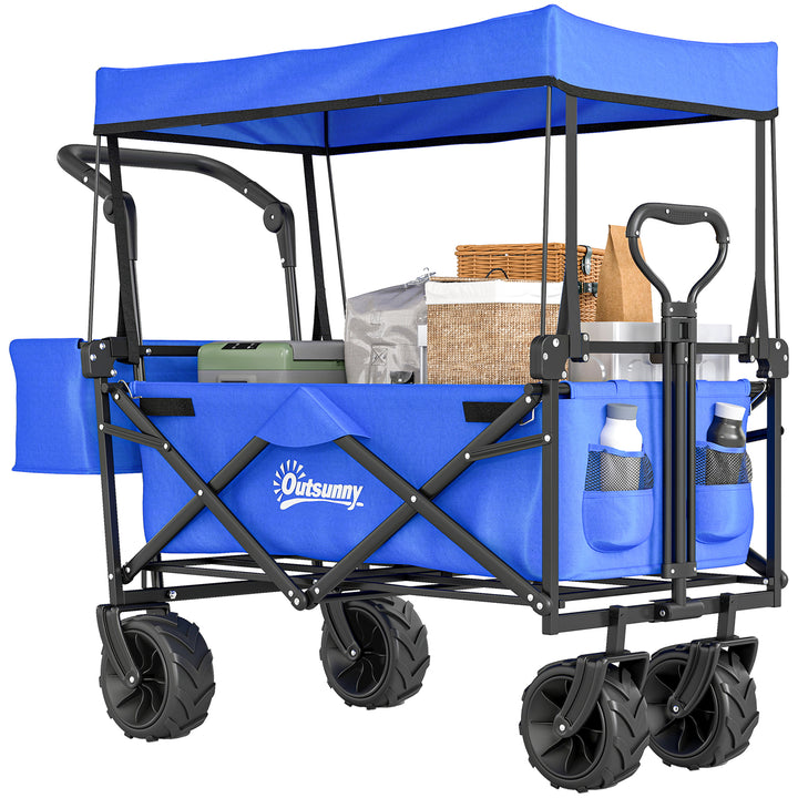 Carrinho de Transporte Dobrável para Praia Campismo Viajem com Toldo Guiador Rodas Altura Ajustável Carga Máxima 68kg 117x55x98 cm Azul