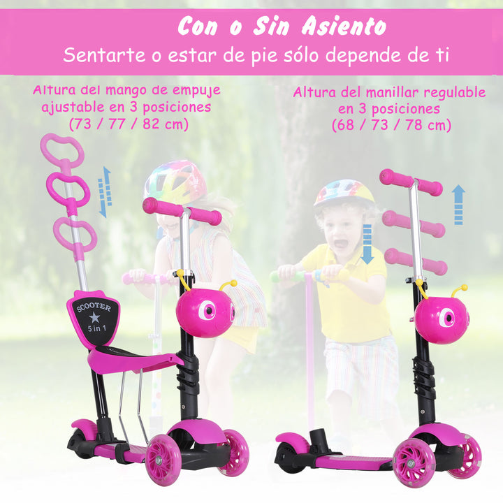 5 em 1 trotinete para crianças de acima de 1 ano 3 rodas trotinete com assento removível guiador ajustável 62x25x72,5 cm Rosa