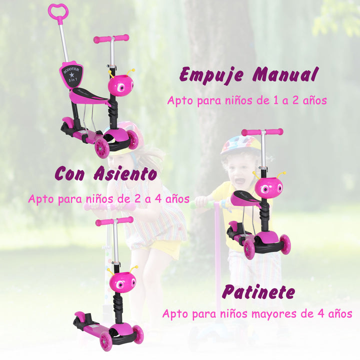 5 em 1 trotinete para crianças de acima de 1 ano 3 rodas trotinete com assento removível guiador ajustável 62x25x72,5 cm Rosa