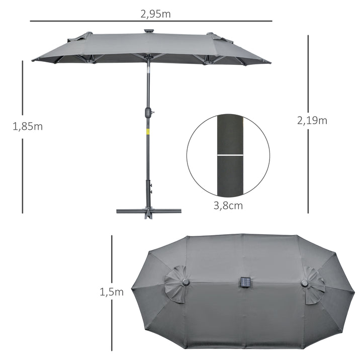 Chapéu de Sol Duplo 295x150x219 cm Chapéu de Sol de Jardim com Luzes LED Solares Teto com Inclinação Ajustável e Manivela Manual para Pátio Piscina Praia Cinza