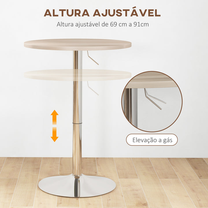 Mesa Alta de Cozinha Mesa Alta de Bar Redonda para 2 Pessoas Altura Ajustável 69-91 cm Tampo Giratório 360° Base de Aço para Sala Sala de Jantar Cozinha 60x60x91 cm Carvalho Claro