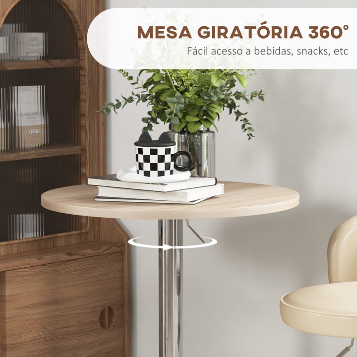 Mesa Alta de Cozinha Mesa Alta de Bar Redonda para 2 Pessoas Altura Ajustável 69-91 cm Tampo Giratório 360° Base de Aço para Sala Sala de Jantar Cozinha 60x60x91 cm Carvalho Claro
