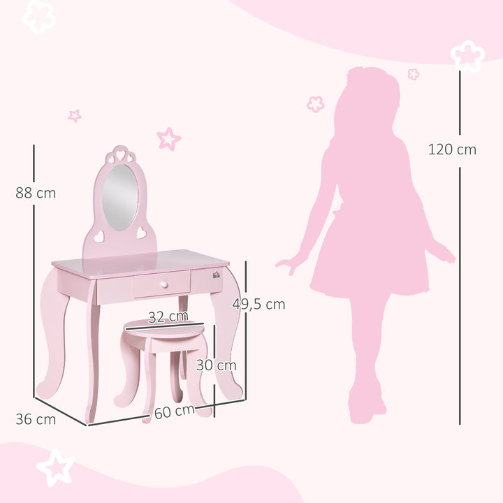 Toucador Infantil de Madeira para Crianças de 3-6 Anos com Banco e Espelho Estilo Princesa Mesa de Maquilhagem Infantil com Gaveta para Dormitório 60x36x88cm Rosa