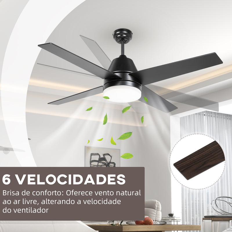 Ventoinha de Teto com Luz 46W Ø129 cm Motor DC Ventoinha de Teto Silencioso com 4 Lâminas Reversíveis Controlo Remoto 6 Velocidades e Temporizador para Quarto Sala Preto