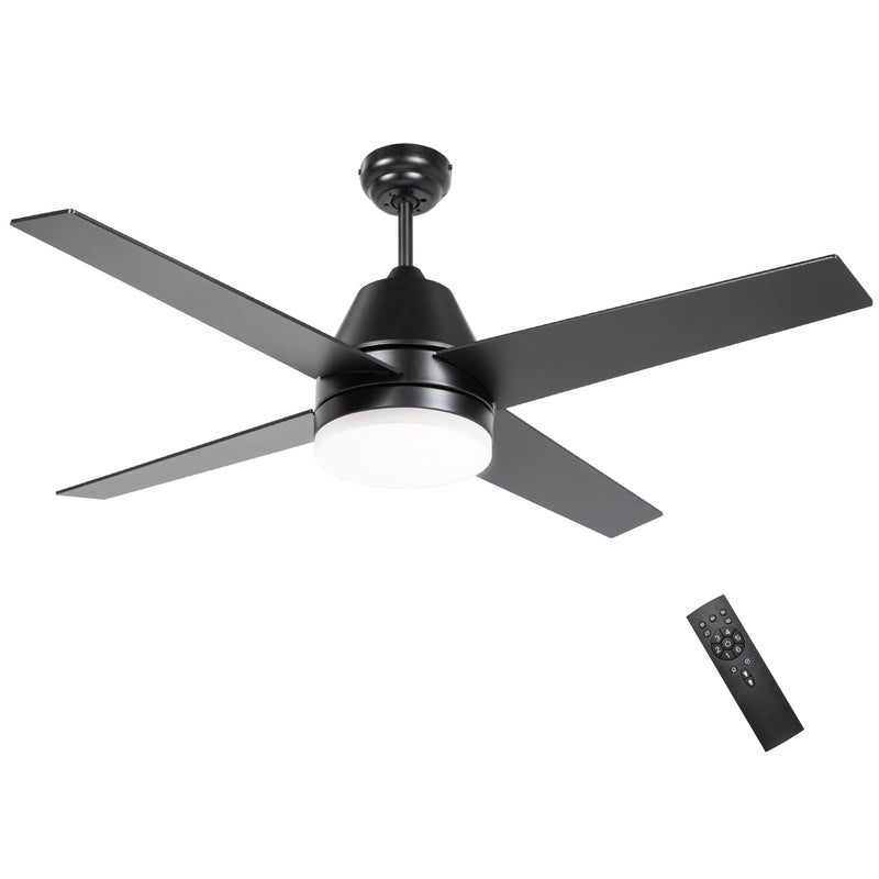 Ventoinha de Teto com Luz 46W Ø129 cm Motor DC Ventoinha de Teto Silencioso com 4 Lâminas Reversíveis Controlo Remoto 6 Velocidades e Temporizador para Quarto Sala Preto