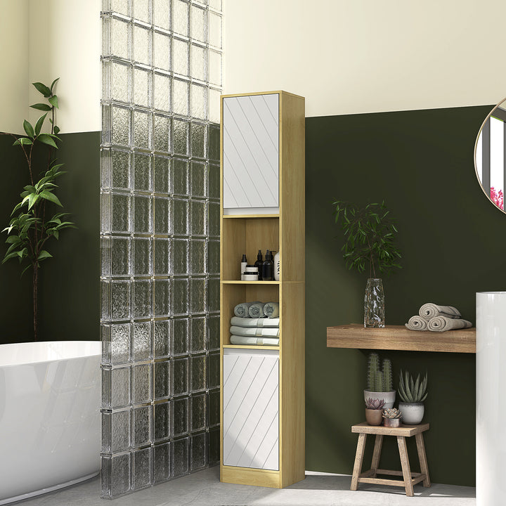 Coluna Casa de Banho com 2 Prateleiras Abertas Armário Alto para Casa de Banho com Armário Fechado e Prateleiras 30x24x170 cm Madeira e Branco