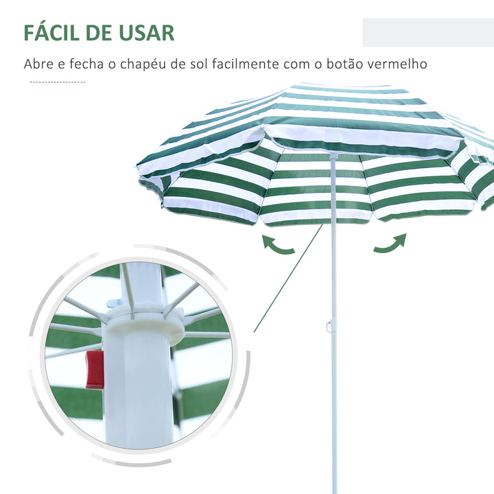 Chapéu de Sol de Praia Ø180cm com Teto Inclinável e Mastro de Metal Proteção Solar para Jardim Terraço Exterior Listras Verdes e Branco
