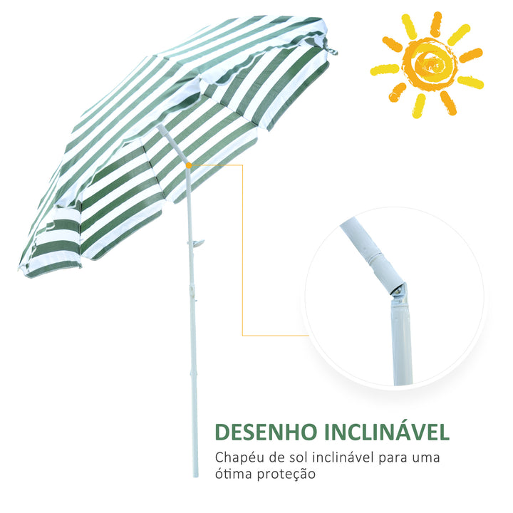 Chapéu de Sol de Praia Ø180cm com Teto Inclinável e Mastro de Metal Proteção Solar para Jardim Terraço Exterior Listras Verdes e Branco