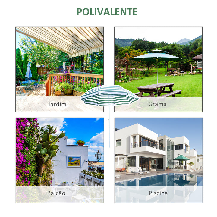 Chapéu de Sol de Praia Ø180cm com Teto Inclinável e Mastro de Metal Proteção Solar para Jardim Terraço Exterior Listras Verdes e Branco