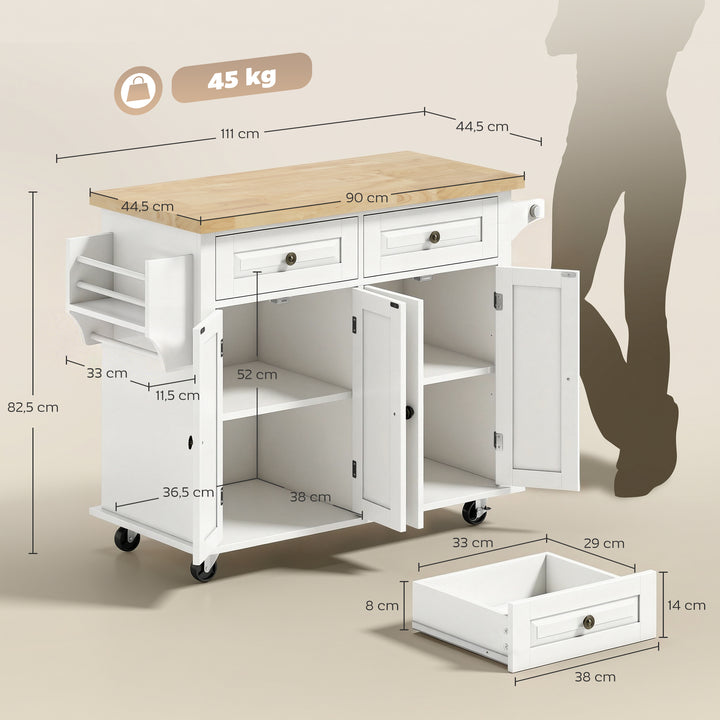 Ilha de Cozinha com Rodas Móvel Auxiliar de Cozinha com 2 Gavetas 4 Portas Suporte para Temperos e Barra Lateral 111x44,5x82,5cm Branco e Madeira