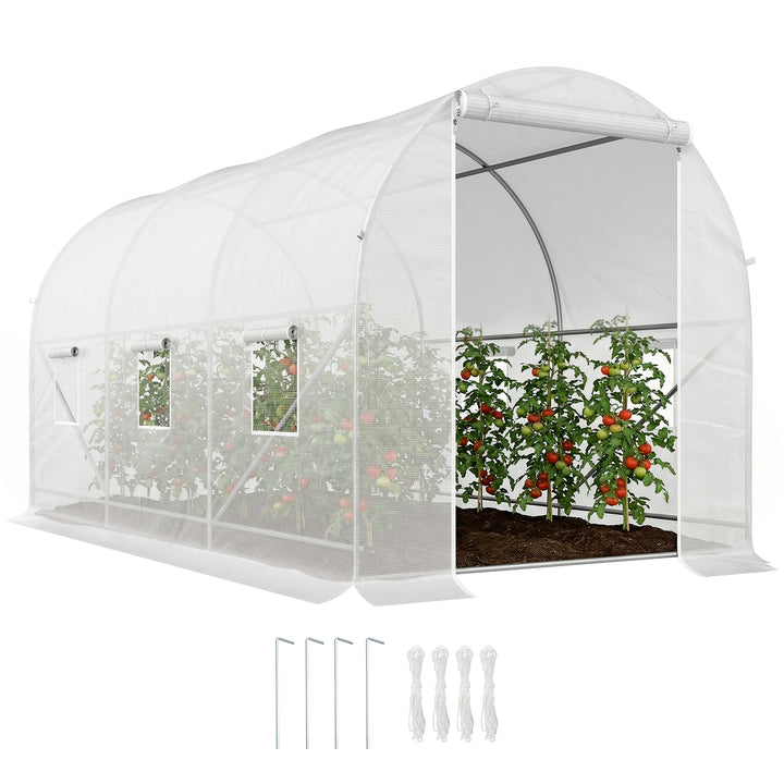 Estufa de Jardim 350x200x200 cm Estufa de Túnel com Porta Enrolável e 6 Janelas Cobertura de PE 140 g/m² Estrutura de Metal para Cultivo de Plantas Verduras Branco