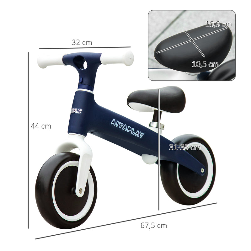 Bicicleta sem Pedais para Crianças de 18-36 Meses Bicicleta de Equilíbrio com Assento Ajustável em Altura Carga 25 kg 67,5x32x44 cm Azul