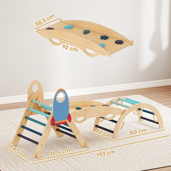 Triângulo de Escalada Montessori 7 em 1 Estrutura de Escalada de Madeira Tema de Foguete com Arco e Rampa para Deslizar ou Escalar para Crianças de 18-48 Meses Interior Azul