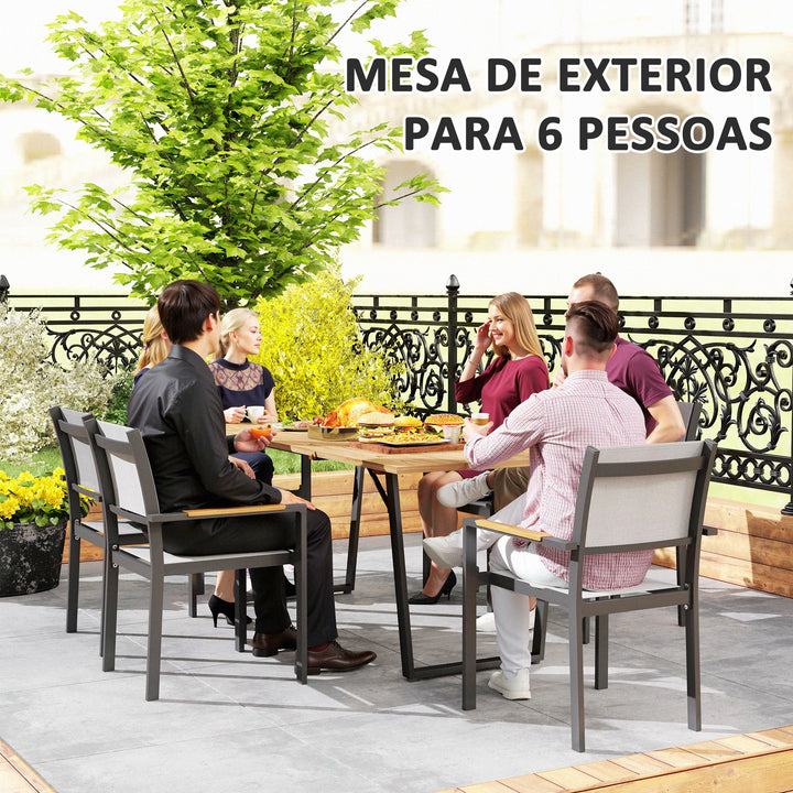 Mesa de Refeição para Jardim de Madeira Retangular Mesa de Exterior 175x80x75 cm com Orifício para Chapéu de Sol Estrutura de Aço e Bancada em Ripas para Pátio Varanda Madeira