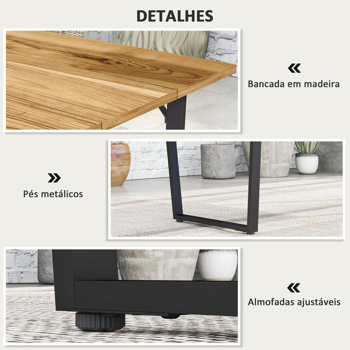 Mesa de Refeição para Jardim de Madeira Retangular Mesa de Exterior 175x80x75 cm com Orifício para Chapéu de Sol Estrutura de Aço e Bancada em Ripas para Pátio Varanda Madeira