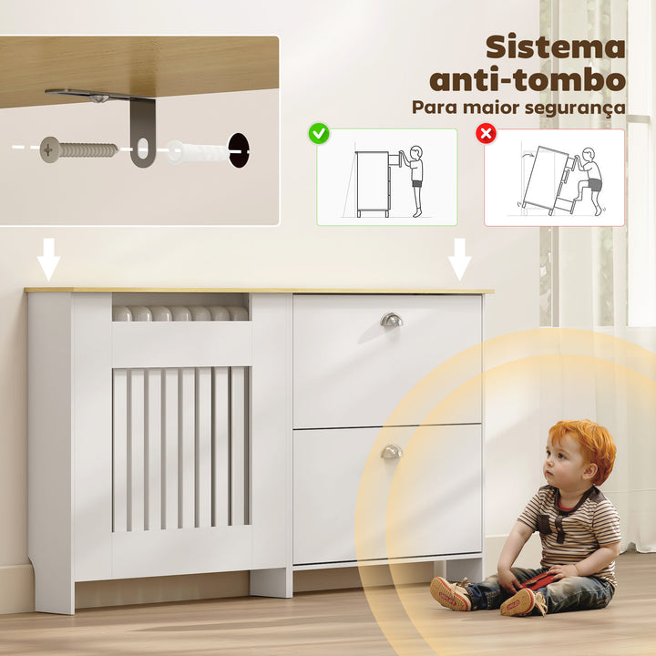 Cobertura Radiadores com Sapateira Cobertura para Radiador de MDF 152x19x81 cm Cobertura para Radiador com 2 Gavetas Rebatíveis Desenho Moderno de Ripas para Sala Quarto Branco