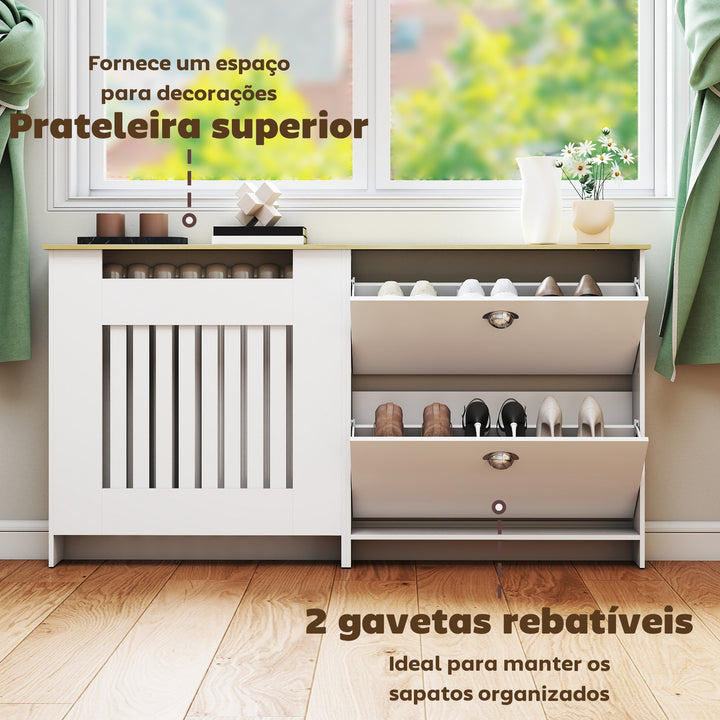 Cobertura Radiadores com Sapateira Cobertura para Radiador de MDF 152x19x81 cm Cobertura para Radiador com 2 Gavetas Rebatíveis Desenho Moderno de Ripas para Sala Quarto Branco