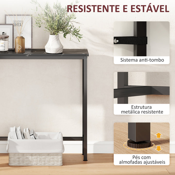 Mesa Consola Moderna Consola de Entrada Estreita Mesa de Sofá com Superfície com Efeito Mármore e Estrutura de Metal para Entrada Sala de Estar 100x20x66 cm Preto