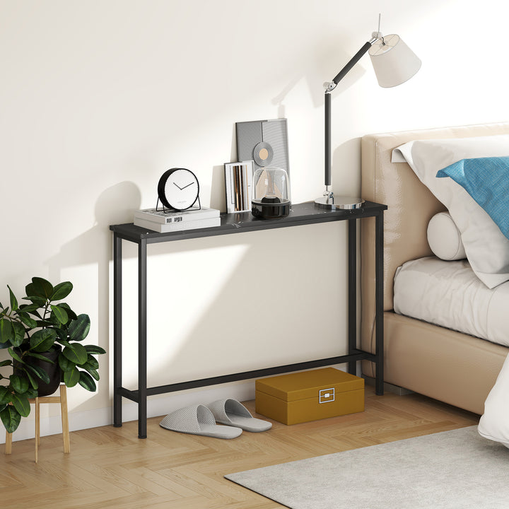 Mesa Consola Moderna Consola de Entrada Estreita Mesa de Sofá com Superfície com Efeito Mármore e Estrutura de Metal para Entrada Sala de Estar 100x20x66 cm Preto