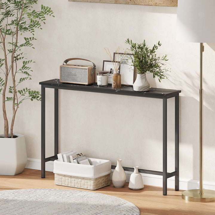 Mesa Consola Moderna Consola de Entrada Estreita Mesa de Sofá com Superfície com Efeito Mármore e Estrutura de Metal para Entrada Sala de Estar 100x20x66 cm Preto