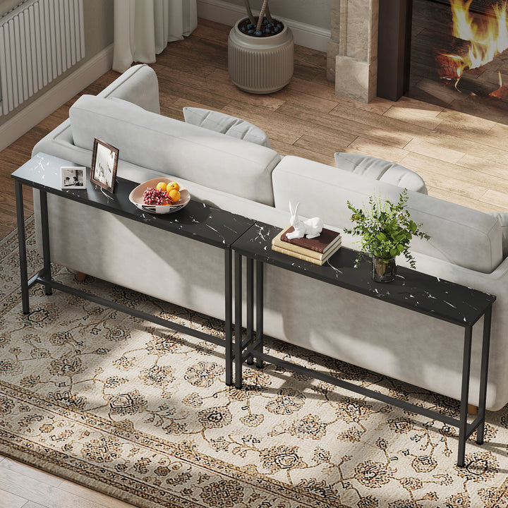 Mesa Consola Moderna Consola de Entrada Estreita Mesa de Sofá com Superfície com Efeito Mármore e Estrutura de Metal para Entrada Sala de Estar 100x20x66 cm Preto