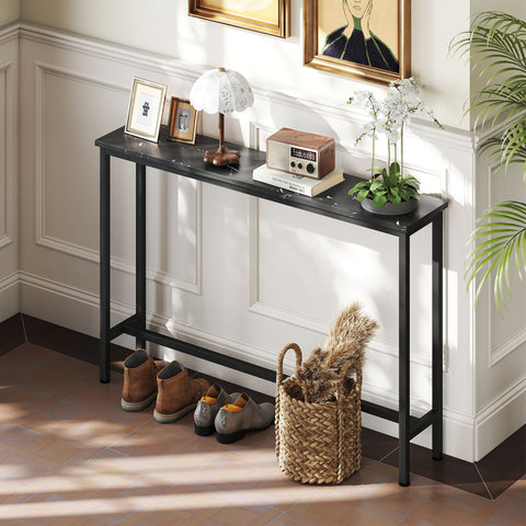 Mesa Consola Moderna Consola de Entrada Estreita Mesa de Sofá com Superfície com Efeito Mármore e Estrutura de Metal para Entrada Sala de Estar 100x20x66 cm Preto